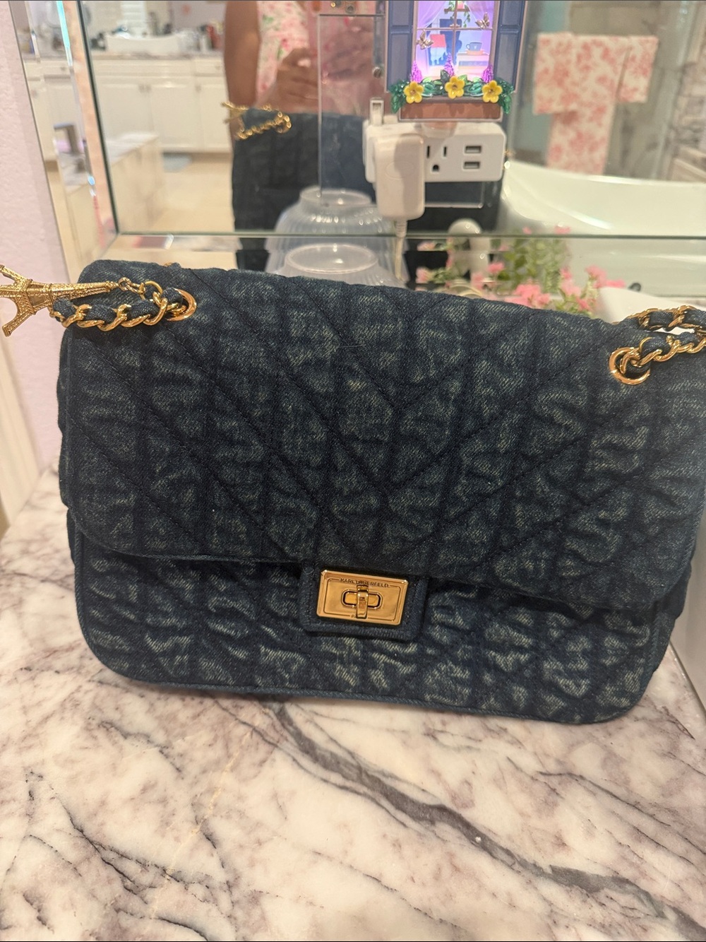 Karl Lagerfeld Quilted Denim Shoulder Bag with Gold Chain